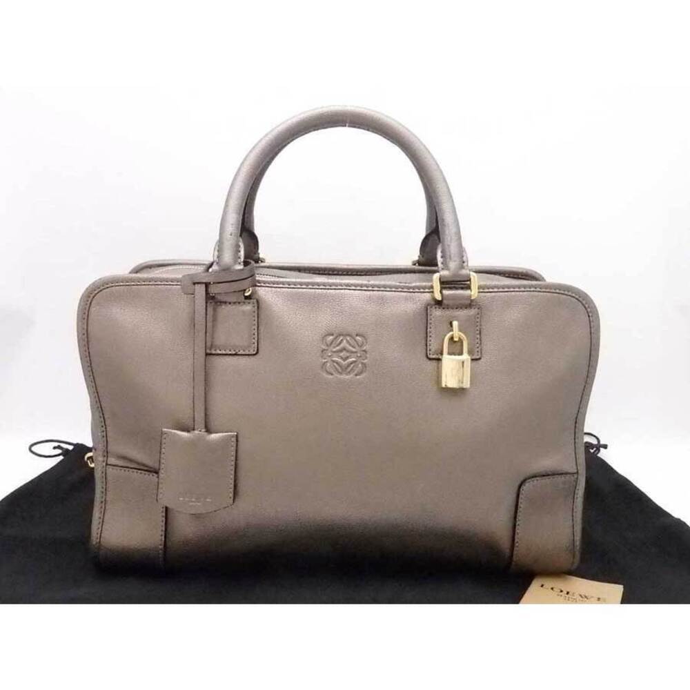 Loewe Amazona Leather Handbag Metallic Khaki Green Gray Gold